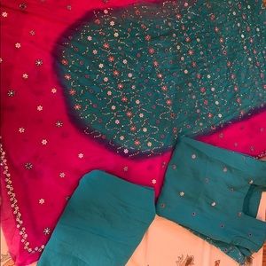 Blue and Pink patterned Punjabi Suit Half sleeves